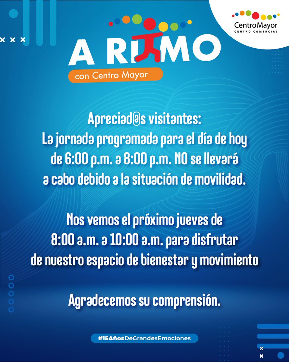 ¡Atención, comunidad A Ritmo!
La jornada de esta tarde será reprogramada por motivos de movilidad.
Nos encontramos nuevamente el jueves de 8:00 a.m. a 10:00 a.m. para movernos con toda la energía 💃🕺
#Bienestar #CentroMayor #GrandesEmociones