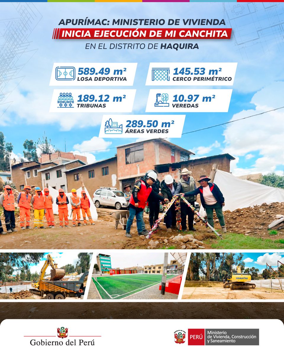 viviendaperu's tweet photo. 📌 Como parte de la estrategia Mi Canchita, el Ministerio de Vivienda, Construcción y Saneamiento (#MVCS), a través del Programa Mejoramiento Integral de Barrios (#PMIB), inició la ejecución de la obra de mejoramiento de la losa deportiva multiuso del barrio Huanca Marcallac, en la localidad de Haquira, región Apurímac.

📰 Más información aquí:
https://t.co/bxj0emsVua