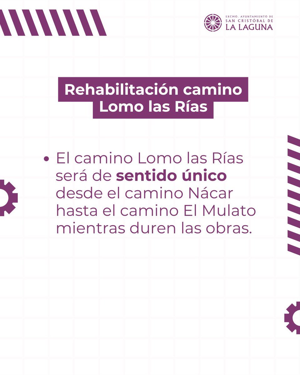🚧🔜 A partir del 3 de noviembre, y por motivo de las obras que se están ejecutando en materia de saneamiento, pluviales y accesibilidad, el camino Lomo las Rías pasará a ser solamente de sentido único desde el camino Nácar hasta el camino El Mulato.

Disculpen las molestias.