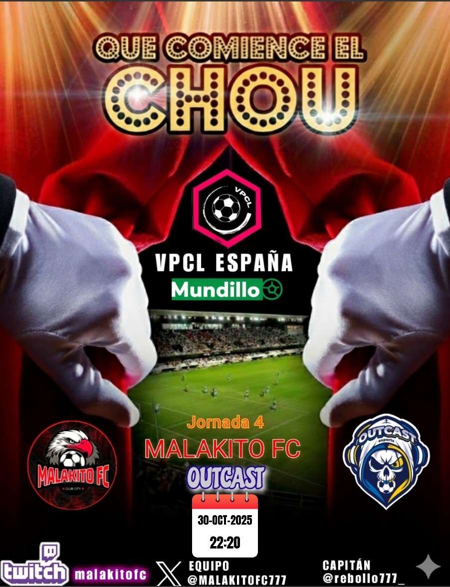 Noche de fútbol con la jornada 4 aplazada en la liga <a href="/VPCL_Spain/">VPCL España</a> <a href="/mundillo_futbol/">Mundillo Futbol</a> ante un buen equipo como <a href="/eSportsOUT_/">Outcast eSports</a>  a las 22:20 horas. <a href="/EASPORTSFC/">EA SPORTS FC</a>  #clubespro #11vs11 #FC26. ⚽🎮⚽. ¡¡¡VAMOOOOOSSSS!!!