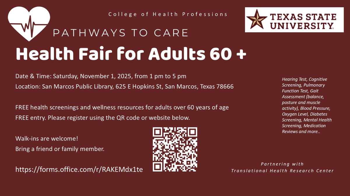 Join us for the 2nd CHP Health Fair on November 1st at the San Marcos Public Library, held in collaboration with <a href="/THRCtxst/">Translational Health Research Center</a> ! Faculty, staff, friends &amp; family (ages 60+) are invited for free screenings, wellness education &amp; more. See the flier below for full details. #txst