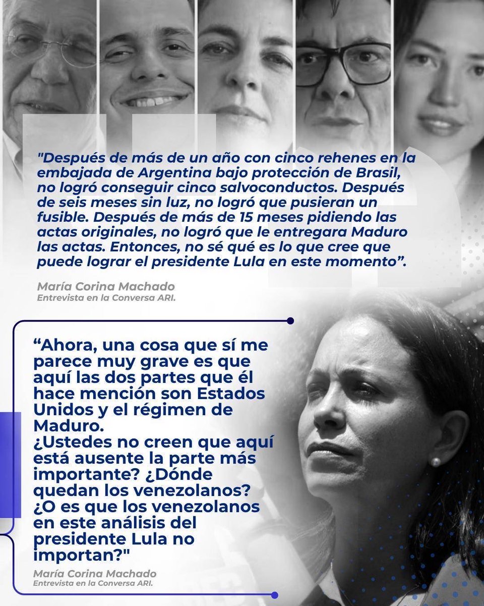 ‼️ La líder de Venezuela, María Corina Machado (<a href="/MariaCorinaYA/">María Corina Machado</a>) responde a la propuesta del presidente de Brasil <a href="/LulaOficial/">Lula</a> para mediar entre Estados Unidos y el régimen de Maduro.

🗣️ “Después de más de un año con cinco rehenes en la embajada de Argentina, bajo protección de