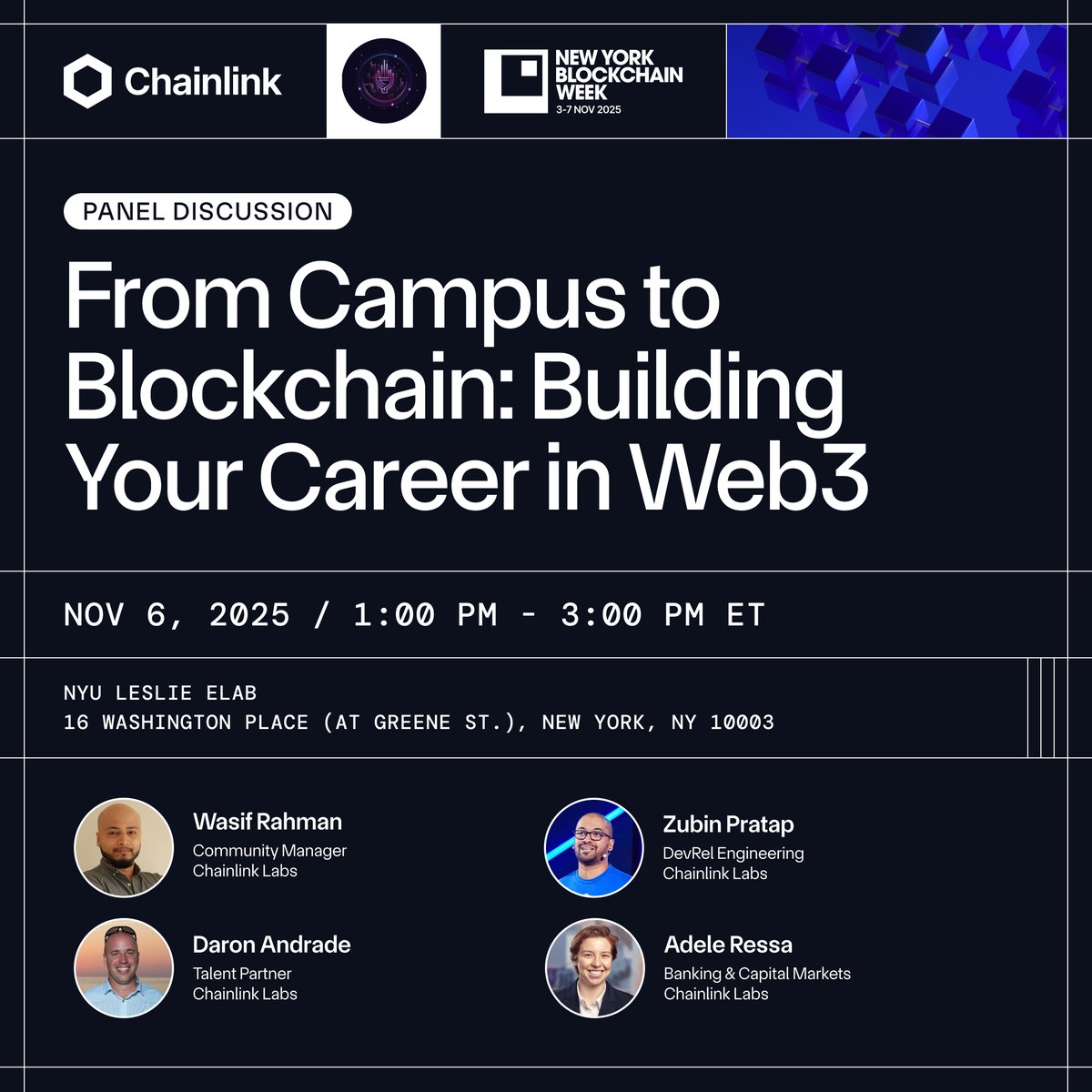 proud to announce our next university partner in the  <a href="/chainlinklabs/">Chainlink Labs</a> University Program

we will be at the NYU Leslie eLab to speak with <a href="/BlockchainNYU/">Blockchain Lab at NYU</a> during New York Blockchain Week

We will have a phenomenal panel to discuss how they built their careers in this industry.

RSVP