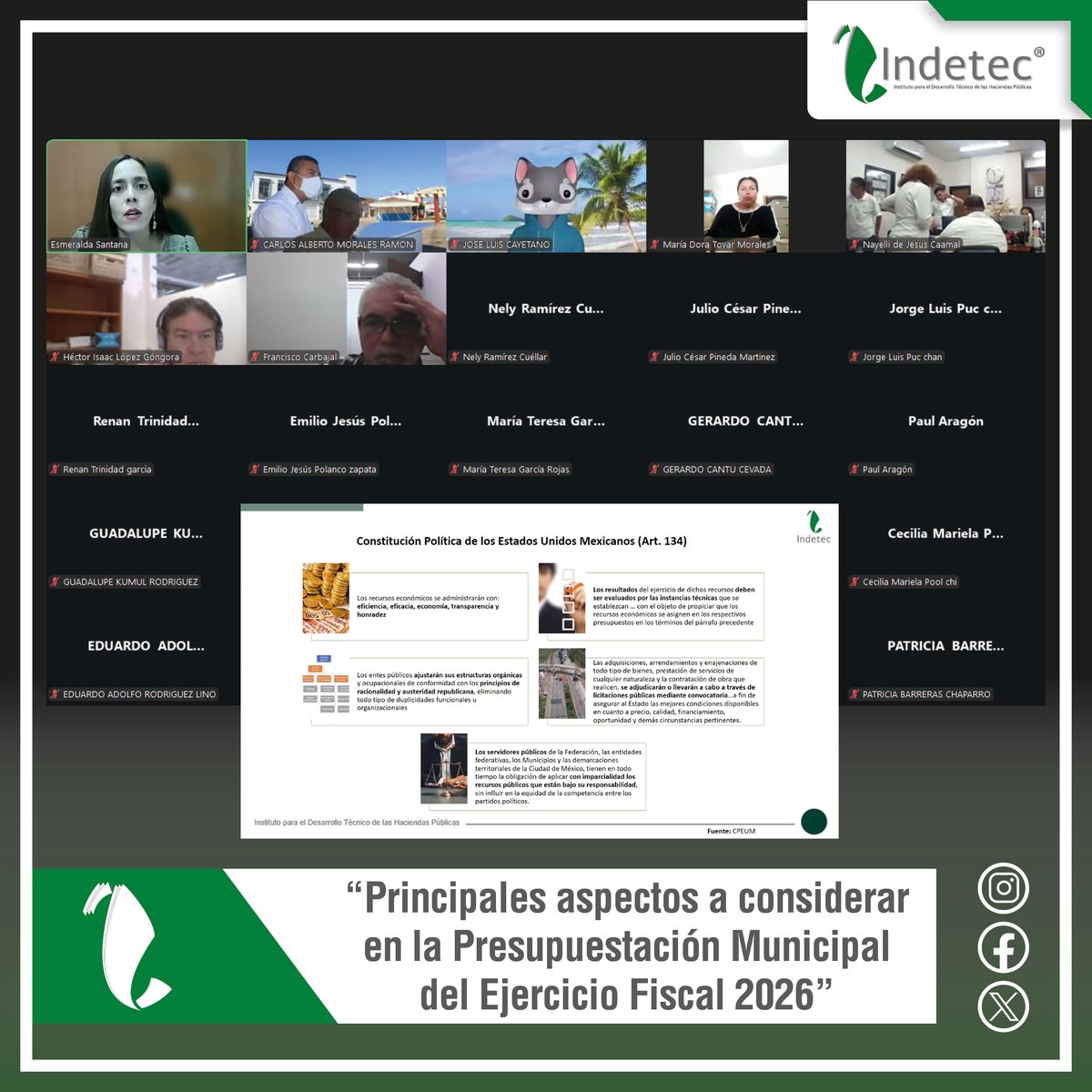 IndetecMX impartiendo webinar: “Principales aspectos a considerar en la Presupuestación Municipal del Ejercicio Fiscal 2026”. 30 de octubre de 2025.
