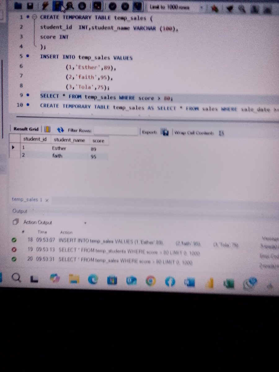 Etty_official's tweet image. Day 33 of SQL Learning
Today, I learnt TEMPORARY TABLES.
- Learnt they only exist during a session.
- Practiced creating, inserting, and selecting from temp tables
#SQL #DataLearning #100DaysOfSQL