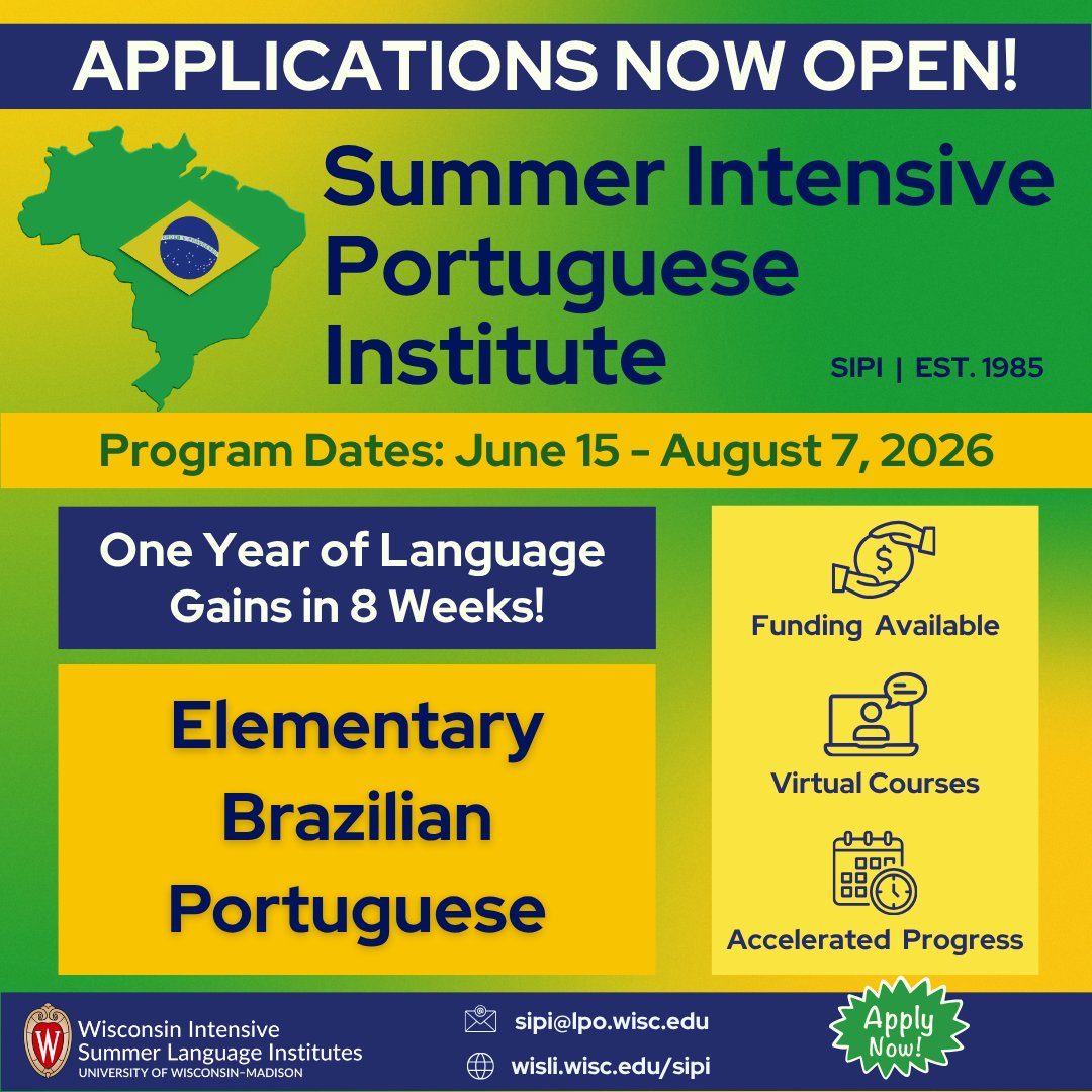 sipi_uw's tweet image. Applications are OPEN!
Study Elementary Brazilian Portuguese in an accelerated, proficiency-based summer language program!
Learn more and apply: wisli.wisc.edu/sipi
#LanguageGoals #LanguageLearning #LanguageSkills