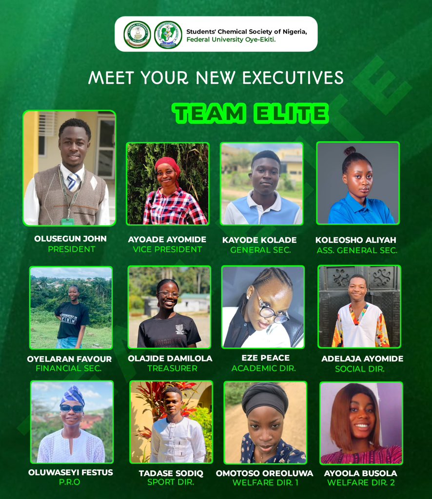 SCSNFUOYE's tweet photo. *Meet Team Elite! 🔬💚*

Today marks the official inauguration of the new executive council of the *Students' Chemical Society of Nigeria (SCSN), FUOYE Chapter*.

Congratulations to all newly inaugurated executives! https://t.co/P64ie30wEZ