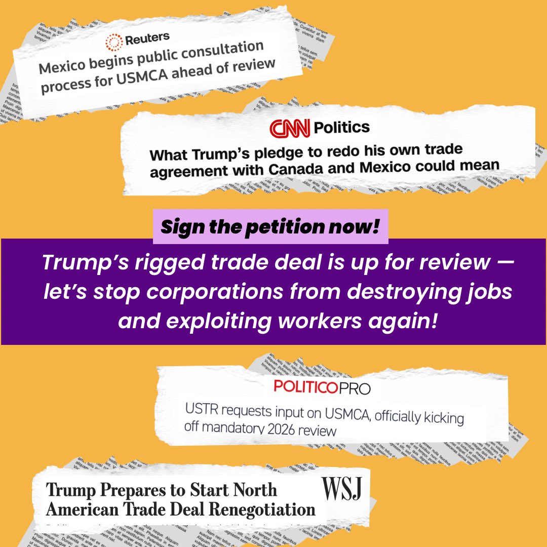 PCGTW's tweet image. Trump’s biggest trade deal — the U.S.-Mexico-Canada Agreement #USMCA, aka NAFTA 2.0 — has failed to deliver on its promised benefits to working people and family farmers.

Demand a replacement deal that puts people over profits!