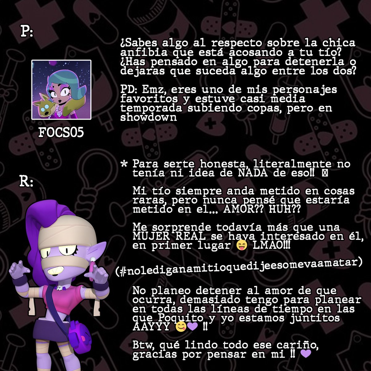 BSOFanfic's tweet photo. ¡Y llega la TERCERA OLEADA de este preguntas y respuestas! 🥺💜

De Emz para todas mis criaturitas; literalmente me estoy divirtiendo MUCHÍSIMO contestando sus preguntas!! XP
Gracias por dejar todos sus mensajitos bonitoosss 😝

#BrawlStars #badkarma https://t.co/xmyADJgxoX