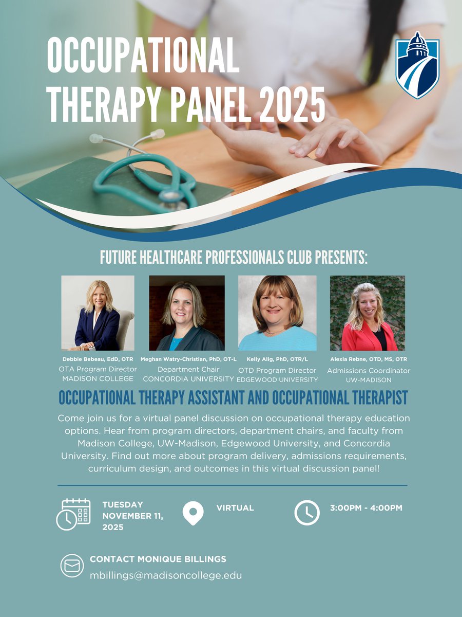 MadisonCollSOHS's tweet image. The Future Healthcare Professionals (FHP) Club is eager to present an exciting line up of program directors, department chairs, and faculty from Madison College, UW-Madison, Edgewood University, and Concordia University. Register now!