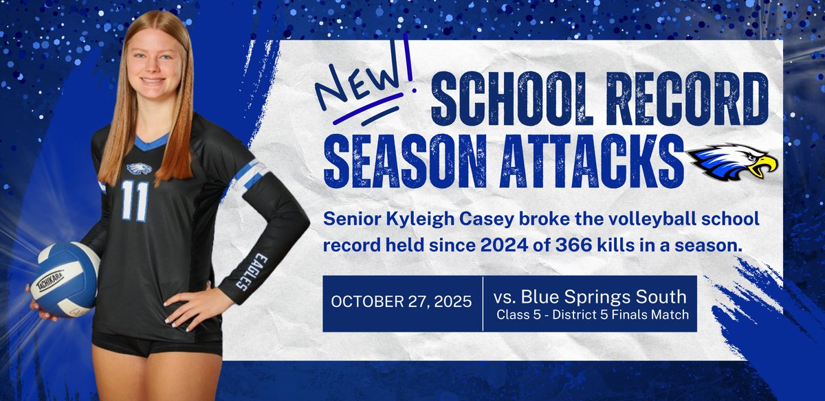 Help us congratulate Senior Kyleigh Casey for breaking the Grain Valley Volleyball school record for season kills!💥 
On 10/27/25, during the Class 5 District 5 Finals match vs. Blue Springs South, Kyleigh broke the previous record of 366 kills, set by Kayla Gallagher in 2024
