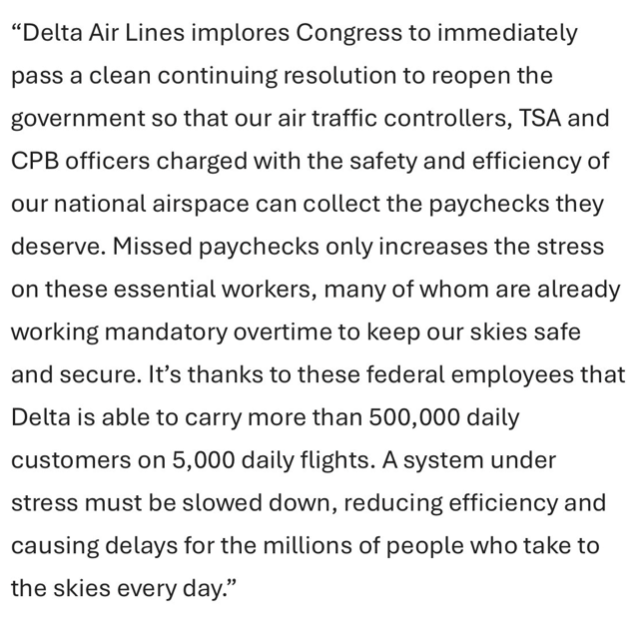 🚨 Delta Air Lines—  one of the largest employers in the state of Georgia—  just called on Jon <a href="/ossoff/">Jon Ossoff</a> to vote for a clean CR and re-open the government.

Time for Ossoff to put the people of Georgia over his hatred of President Trump.