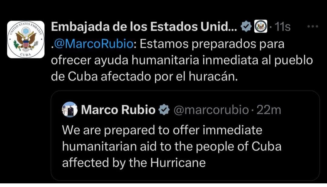 EEUU ofrece "ayuda" a #Cuba tras el huracán Melissa, pero mantiene el bloqueo que asfixia su economía. ¿Un gesto humanitario o pura hipocresía? La verdadera ayuda no es un paquete, es #TumbaElBloqueo. #BloqueoGenocida