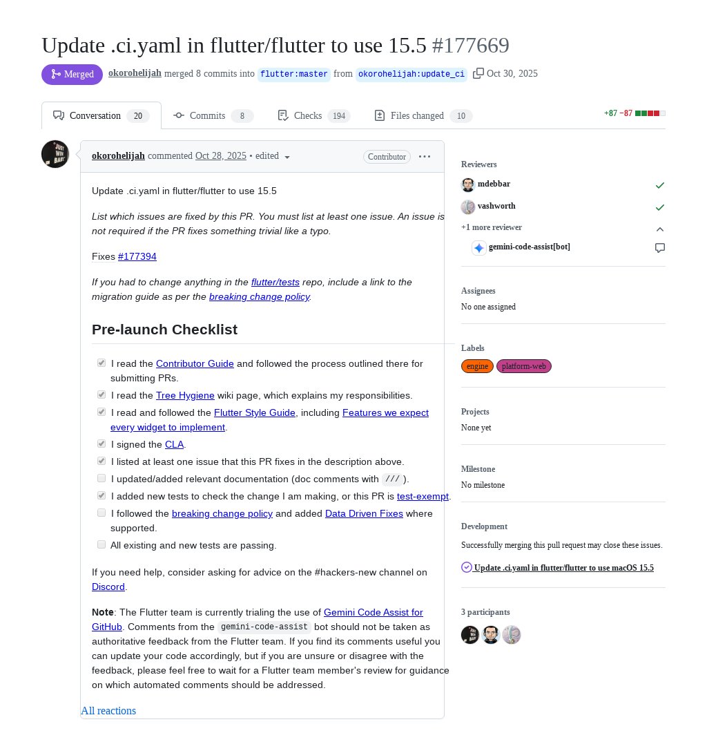 FlutterMerge's tweet image. "Update .ci.yaml in flutter/flutter to use 15.5" by Elijah Okoroh was merged into #Flutter master github.com/flutter/flutte…