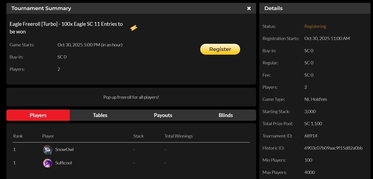 Just deployed another freeroll, starting in just over an hour from now at <a href="/official_glp/">Global Poker</a>. Giving away 100x SC 11 Entries to the GPC Eagle Cup, registration is open now!