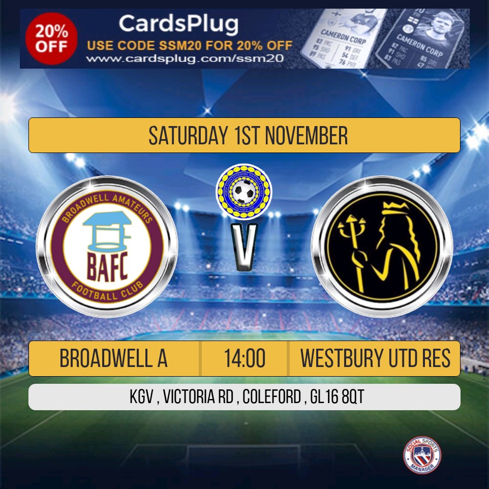 ⚽️⚽️ SATURDAY'S FIXTURES ⚽️⚽️

All 3 Teams back in action this weekend with 2.00pm Kick Offs.

1st Team travel to <a href="/stokegiffordfc/">Stoke Gifford United FC</a> 

Res are at Home v Blakeney

A Team have a re run of last week's fixture v <a href="/WestburyUTD1907/">Westbury UTD AFC</a>
Res in the County Cup

<a href="/GlosCounty/">Glos County League</a> 
<a href="/NorthGlosLeague/">North Glos League</a>