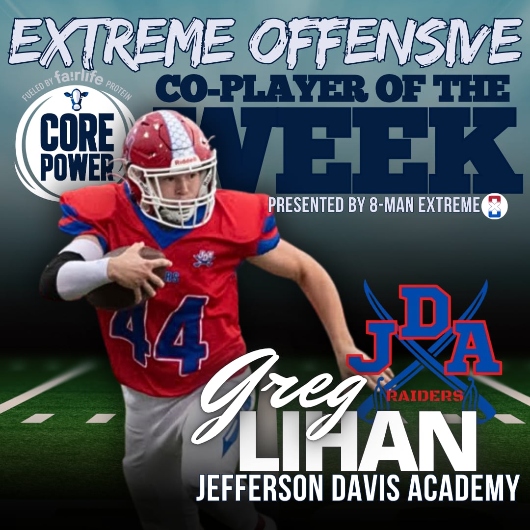 8ManExtreme's tweet image. 2 young men from The Palmetto State helped their respective teams score 70+ points last Friday! Sr @GregLihan had a phenomenal showing for Jefferson Davis Academy with 28 carries for 238 yards and 6 TDs, &amp;amp; 3 2-point conversions. The Raiders ended up winning a shootout, 74-72!