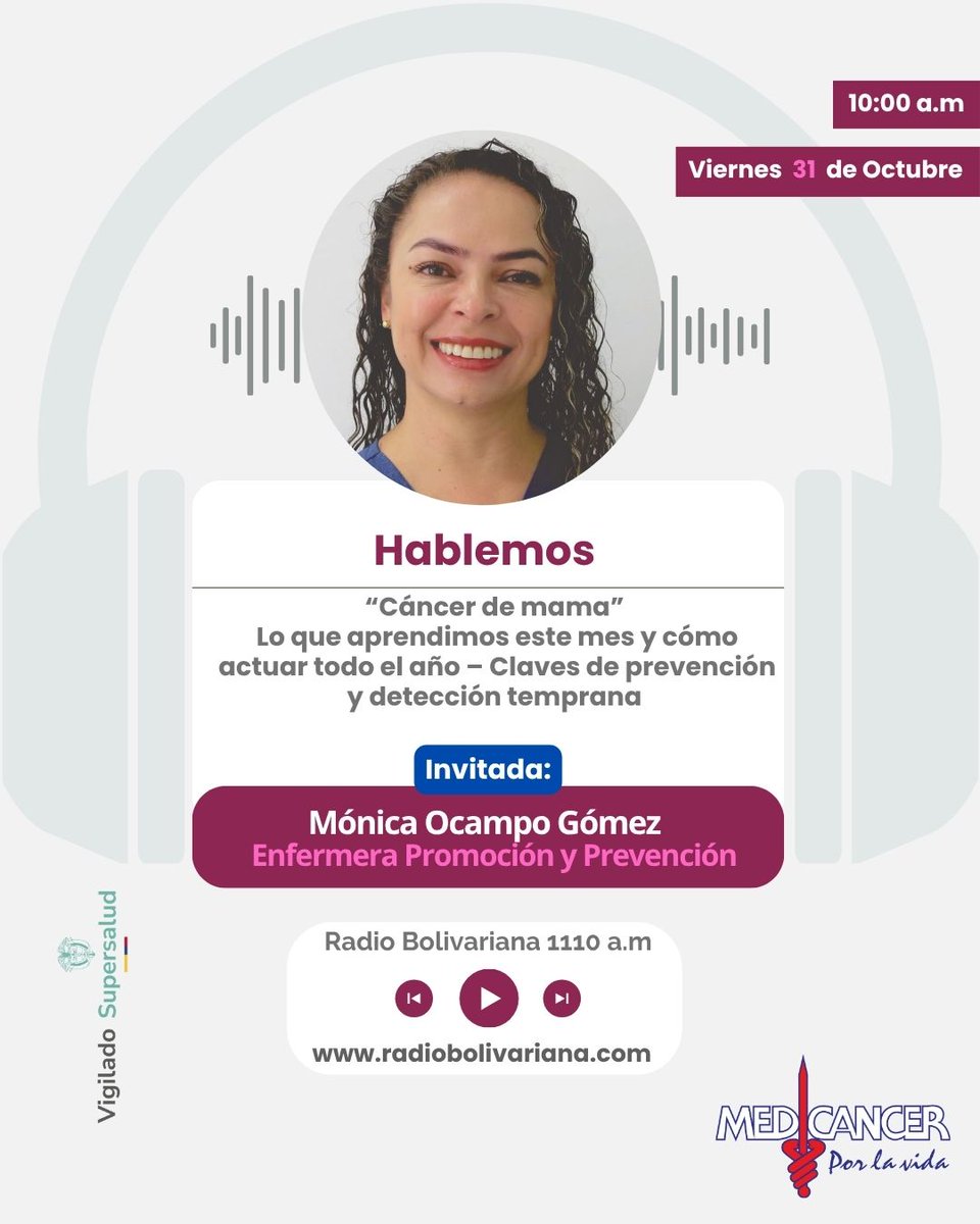 Medicancer's tweet image. 📻🎧Sintoniza mañana Viernes nuestro programa radial en los 1.110 am para cerrar el mes con broche #Rosa:

🔑 Claves de prevención que salvan vidas
🔍 Detección temprana: paso a paso
💪 Acciones prácticas para los 365 días

📞Participa y resuelve tus dudas: 604 - 354 84 30
