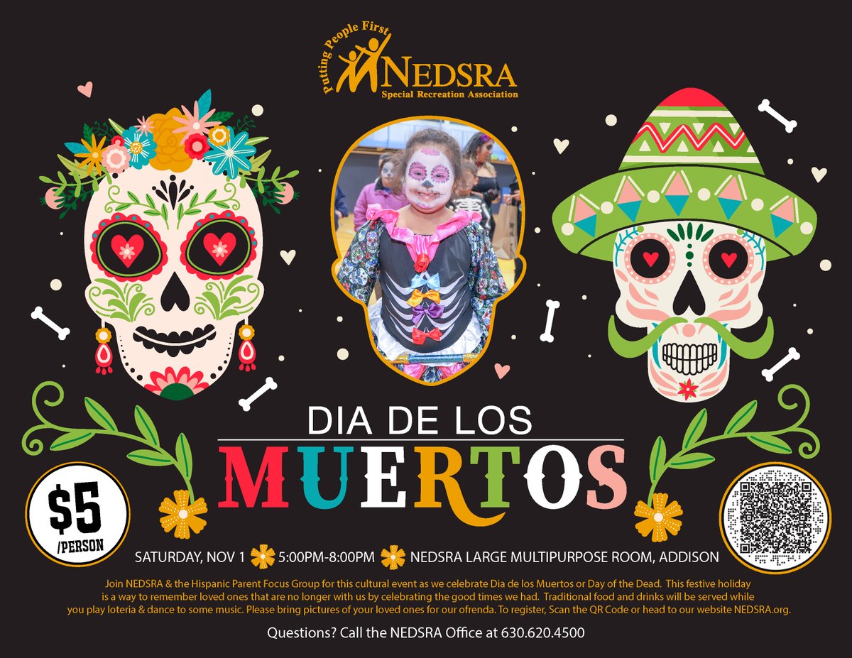 Come celebrate the Day of the Dead with us this Saturday!

Dia De Los Muertos 
Saturday, Nov 1
5:00pm-8:00pm
@NEDSRA

Admission is just $5! Traditional food will be served while you play loteria, &amp; dance! 

Click here to register today! bit.ly/DiadelosMuerto…