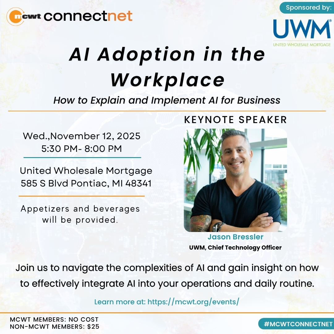 MCWT's tweet image. Join us Nov 12 (5:30–8 PM) at UWM Pontiac for MCWT ConnectNet: AI Adoption in the Workplace.

Hear from Jason Bressler, CTO @UWM, on turning AI strategy into real business impact.

Register by Nov 5 → 
mcwt.app.neoncrm.com/np/clients/mcw…

#AI #MCWT #WomenInTech #Networking #Leadership