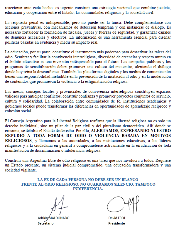 24 de octubre de 2025. Declaración del CALIR. Expresa repudio frente a toda forma de odio o violencia basada en motivos religiosos.