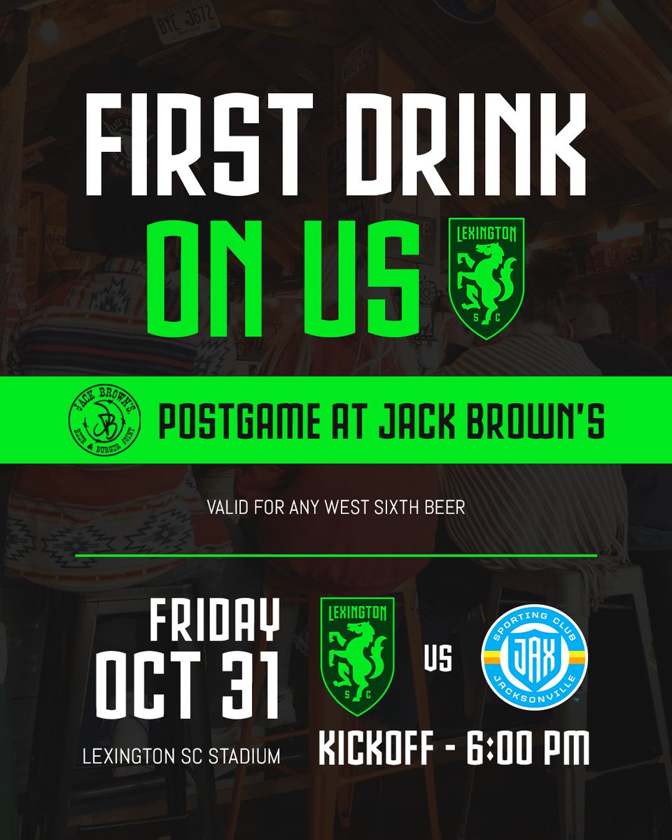 TOMORROW!! Keep the party going after the match with your first drink on us at Jack Brown's🍻

Every ticket buyer to tomorrow night's match (21+ only) will receive a <a href="/WestSixth/">West Sixth Brewing</a> Beer Voucher redeemable at Jack Brown’s (Valid only on 10/31)

🎟️👉 bit.ly/3WwAK7e