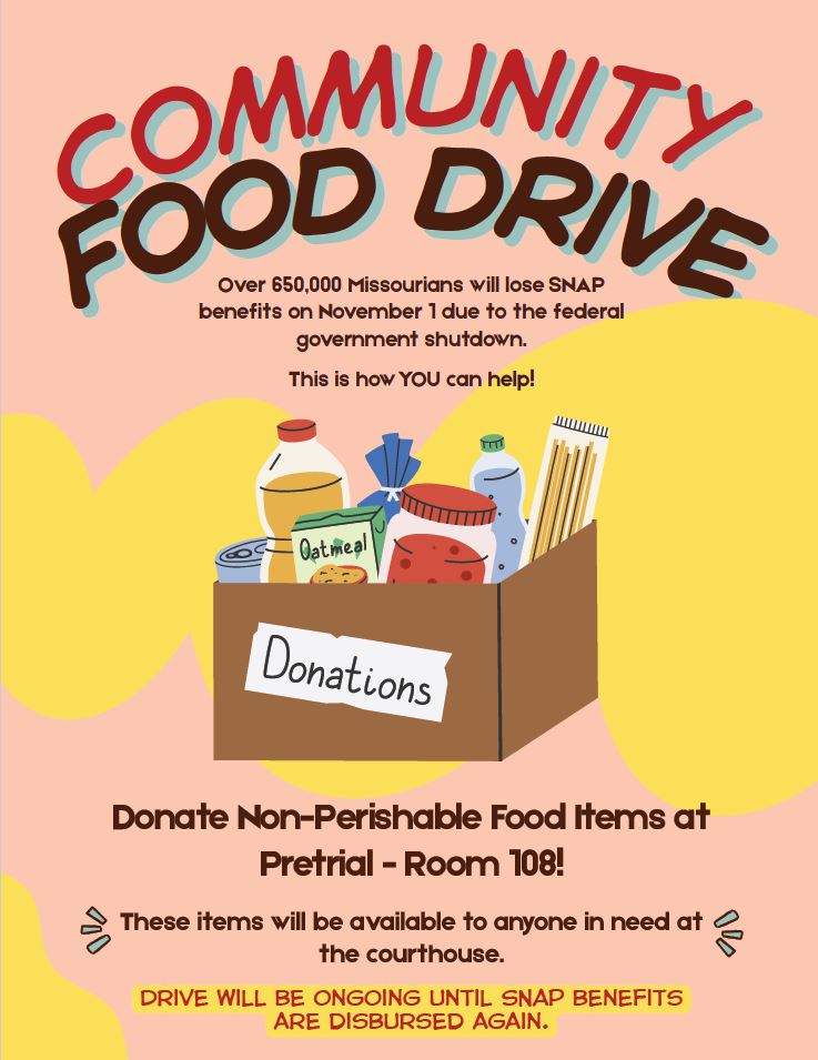 22ndCircuitSTL's tweet image. With SNAP benefits set to lapse Nov. 1, our Pretrial Services Office is hosting a food drive/drop-off to help. To donate non-perishable items, bring those to the Room 108 in the Carnahan Courthouse. Goods will be available to anyone in need at the courthouse.