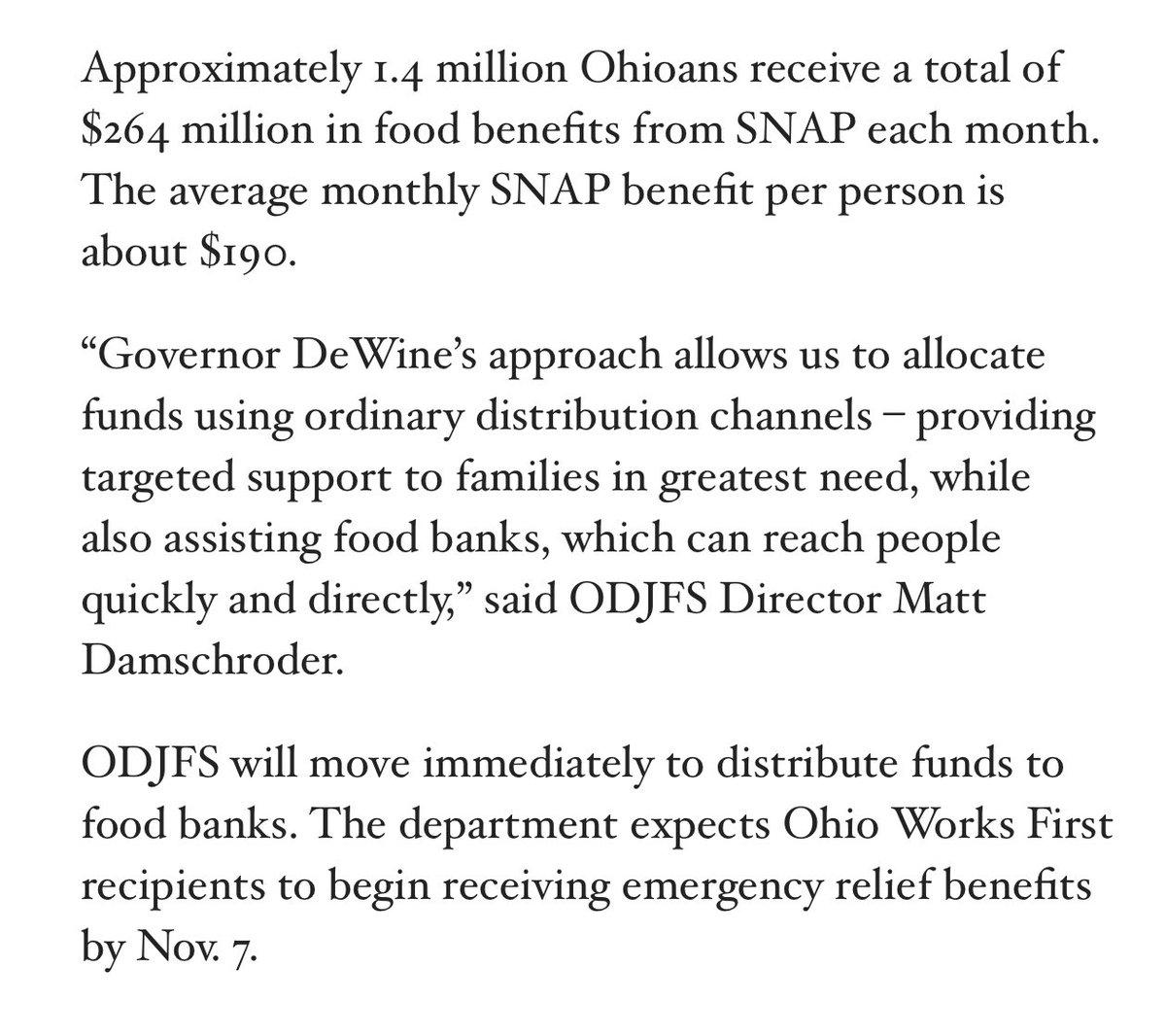 karenkasler's tweet image. Republican leaders announce $25 million to help 1.4 million Ohioans losing SNAP benefits Saturday if federal shutdown doesn’t end: $5 million to foodbanks and $18 million for “emergency relief benefits”