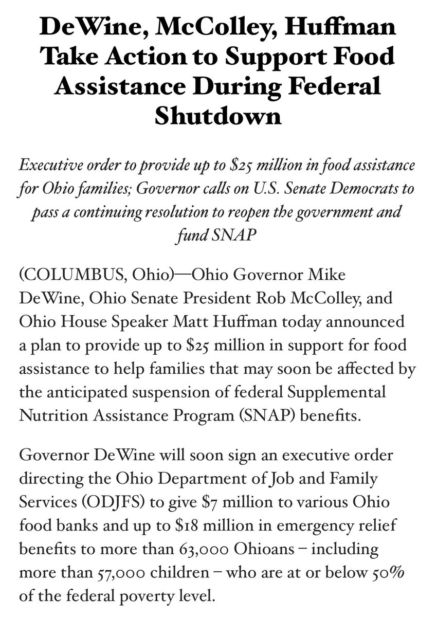 karenkasler's tweet image. Republican leaders announce $25 million to help 1.4 million Ohioans losing SNAP benefits Saturday if federal shutdown doesn’t end: $5 million to foodbanks and $18 million for “emergency relief benefits”