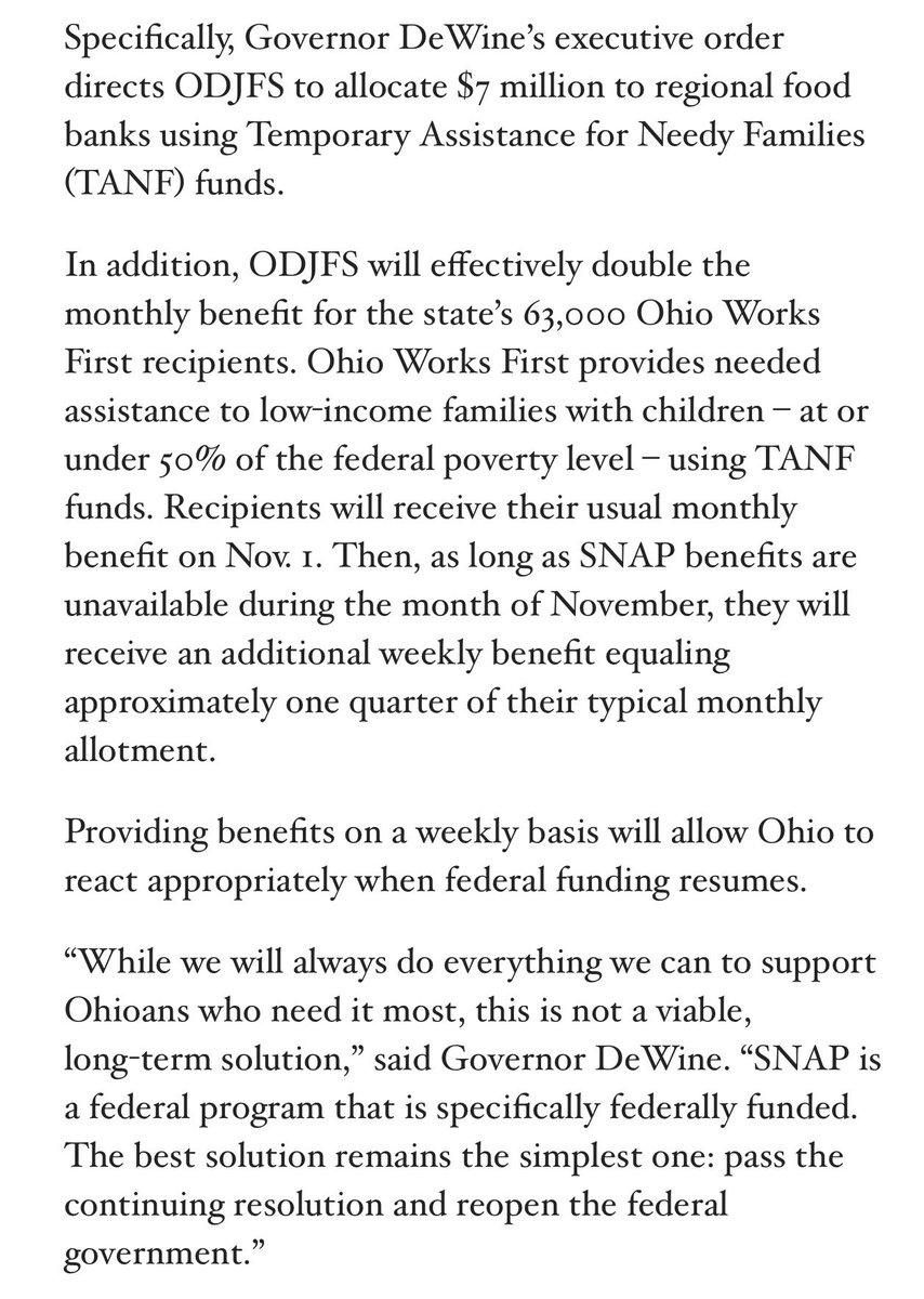 karenkasler's tweet image. Republican leaders announce $25 million to help 1.4 million Ohioans losing SNAP benefits Saturday if federal shutdown doesn’t end: $5 million to foodbanks and $18 million for “emergency relief benefits”