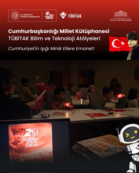 Multiple images show educational workshop scenes at a library with Turkish flags and TÜBİTAK branding. Children and instructors sit at tables using laptops and build electronic circuits with wires and components to create lighting effects resembling the Turkish flag. Groups of kids hold small lights or candles while gathered around screens displaying a 100th anniversary graphic. In a classroom setting participants including women in headscarves engage with computers and robotic elements like a cartoon astronaut figure. Another view captures boys assembling circuit boards and playing with robot kits on desks.