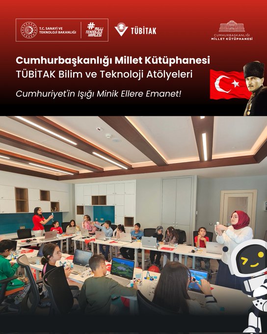 Multiple images show educational workshop scenes at a library with Turkish flags and TÜBİTAK branding. Children and instructors sit at tables using laptops and build electronic circuits with wires and components to create lighting effects resembling the Turkish flag. Groups of kids hold small lights or candles while gathered around screens displaying a 100th anniversary graphic. In a classroom setting participants including women in headscarves engage with computers and robotic elements like a cartoon astronaut figure. Another view captures boys assembling circuit boards and playing with robot kits on desks.