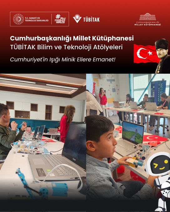Multiple images show educational workshop scenes at a library with Turkish flags and TÜBİTAK branding. Children and instructors sit at tables using laptops and build electronic circuits with wires and components to create lighting effects resembling the Turkish flag. Groups of kids hold small lights or candles while gathered around screens displaying a 100th anniversary graphic. In a classroom setting participants including women in headscarves engage with computers and robotic elements like a cartoon astronaut figure. Another view captures boys assembling circuit boards and playing with robot kits on desks.