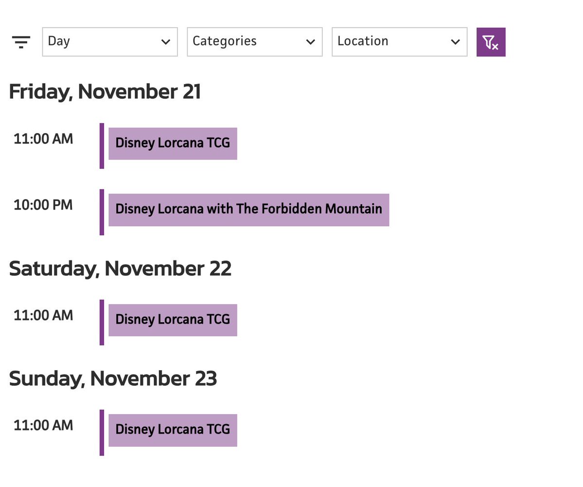 Who is coming to Pax Unplugged?? Friday night will have a room from 10pm till 11:30 pm! Come join us for fun vibes and games of Disney Lorcana! @officialpax_ #DisneyLorcana 

Full schedule link - unplugged.paxsite.com/en-us/schedule