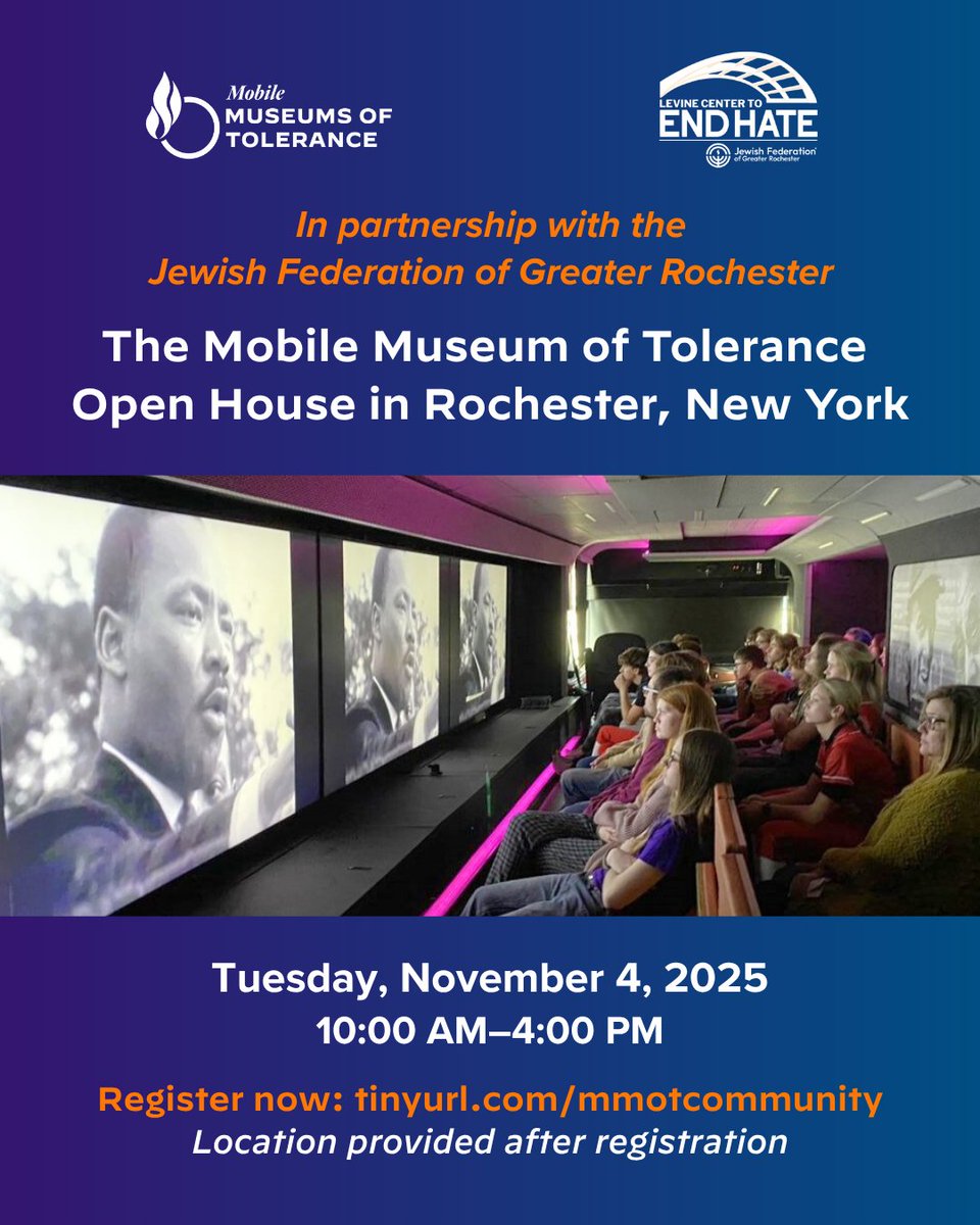 Here we come, Rochester!
The Mobile Museum of Tolerance New York is hosting an open house.

🗓️ November 4 
📍 Location provided after registration
🎟️ Reserve your spot: tinyurl.com/mmotcommunity

Thank you, <a href="/endhateroc/">Levine Center to End Hate</a> for your commitment to helping us advance our mission.