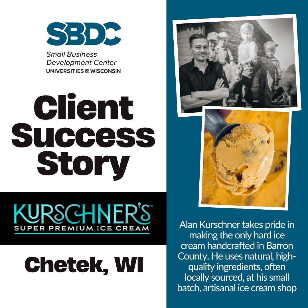 SBDC Client Success Story: Kurschner's Super Premium Ice Cream🍦 With the help of the SBDC at Eau-Claire, Alan Kurschner's premium ice cream shop has had tremendous growth, featuring flavors that have even received awards from World Dairy Expo🥳 Read More: bit.ly/4hUKy53