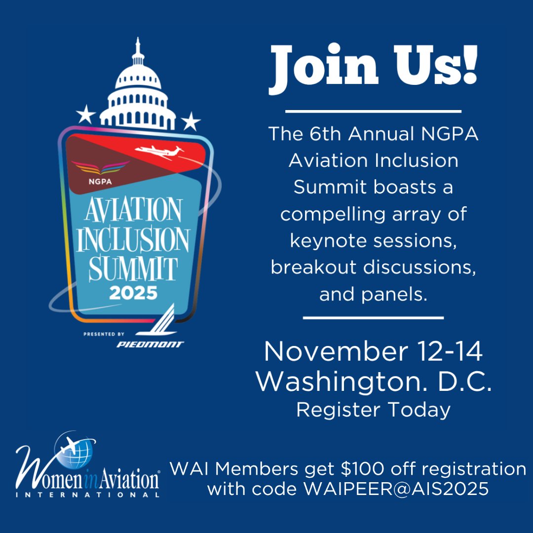Join Us for the 6th Annual NGPA Aviation Inclusion Summit!
We're thrilled to announce that WAI CEO Lynda Coffman will be joining a panel discussion "Business Allies: How Industry Organizations Strengthen Workplace Culture" on Friday, November 14, at 1:30-2:30 p.m.

📅 November