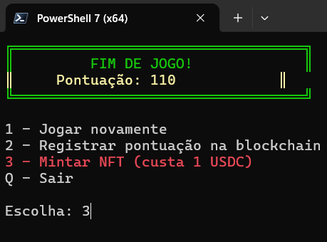hadukemv's tweet image. Eu criei um jogo da cobrinha no PowerShell que minta NFT com 1 USDC na @arc
!
110 pontos, deployei 2 contratos, sou um dev blockchain!
#SnakeMaster #ArcNetwork #USDC 

tamo tchugueras @grok