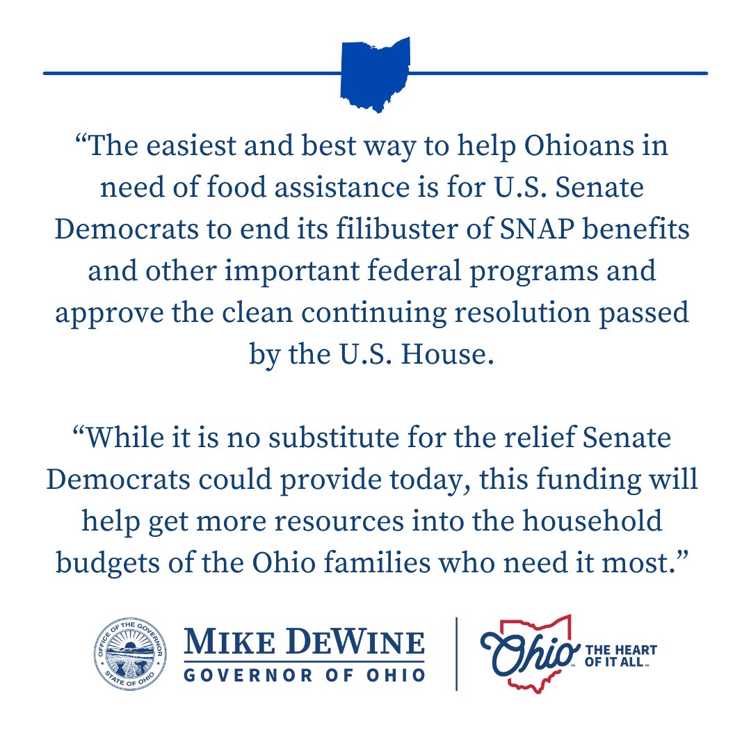 GovMikeDeWine's tweet image. Today, Senate President @Rob_McColley, Ohio House Speaker @matthuffman1, and I announced a plan to provide up to $25 million in support for food assistance to help families that may soon be affected by the anticipated suspension of federal Supplemental Nutrition Assistance…