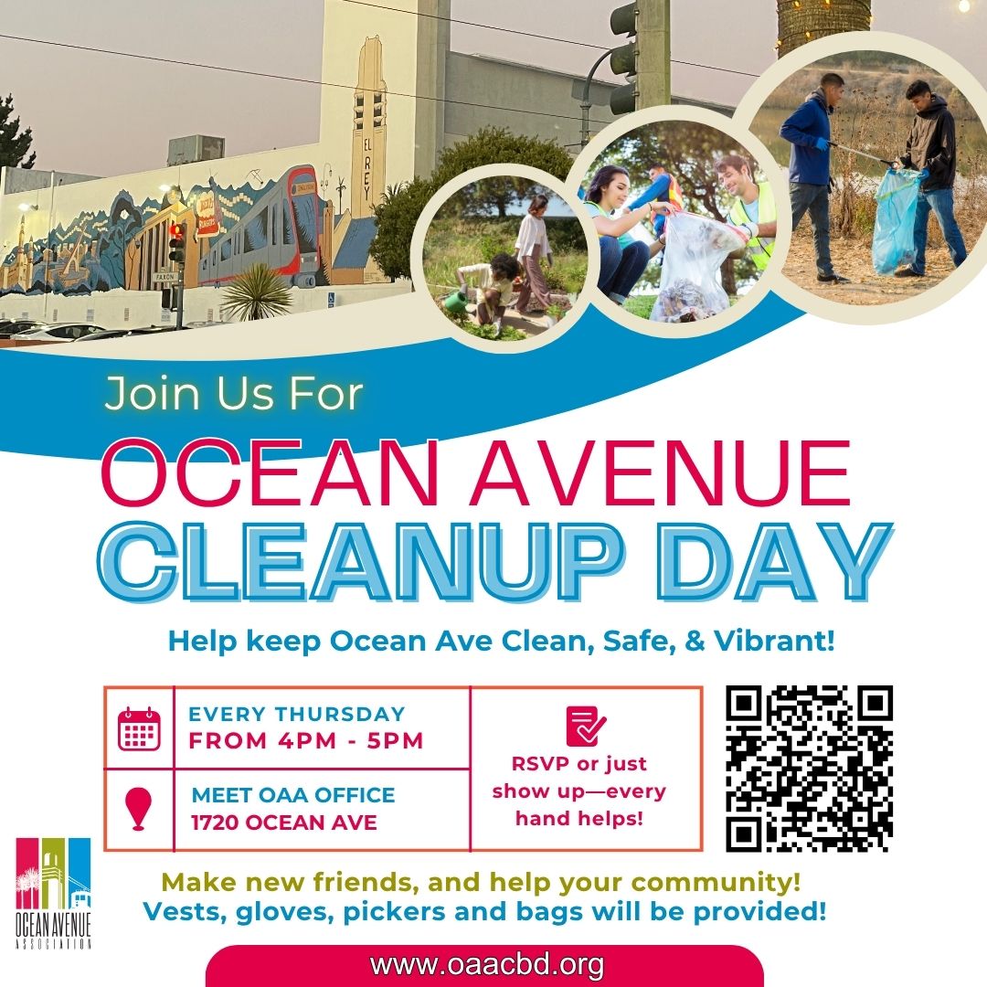 ✨Two ways to help keep Ocean Ave clean &amp; welcoming! 🧹Thursdays, 4–5 PM—Ocean Ave Cleanup (meet at 1720 Ocean Ave) 🚮 Saturdays, 11 AM–12 PM—Ingleside Trash Pick-up at Ocean Ale House Supplies provided. Come out, make friends &amp; take pride in your neighborhood! 💛 #OceanAveSF
