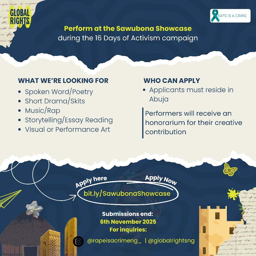 🎭 Are you a poet, musician, storyteller, or artist?
Use your art to speak against digital violence targeting women &amp; girls!
Join SAWUBONA: ARTVOCACY FOR CHANGE by @rapeisacrimeng_ 💪🏽
📍Abuja | 🎤 Deadline: Nov 6
Apply 👉 forms.gle/rPzrBG8ynDd3a5…
#16DaysOfActivism #ArtForChange