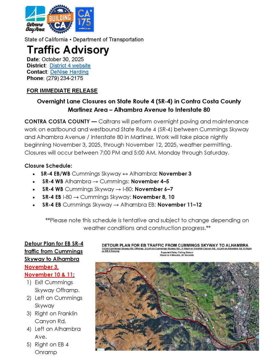 CaltransD4's tweet image. 🚧 Overnight Lane Closures on SR-4 in Martinez 🚧
Caltrans will pave &amp;amp; maintain SR-4 EB/WB between Cummings Skyway &amp;amp; Alhambra/I-80.
🗓 Nov 3–12 (7 PM–5 AM)
⚠ Expect delays &amp;amp; follow posted detours.

More info: quickmap.dot.ca.gov
#BeWorkZoneAlert #CaltransD4