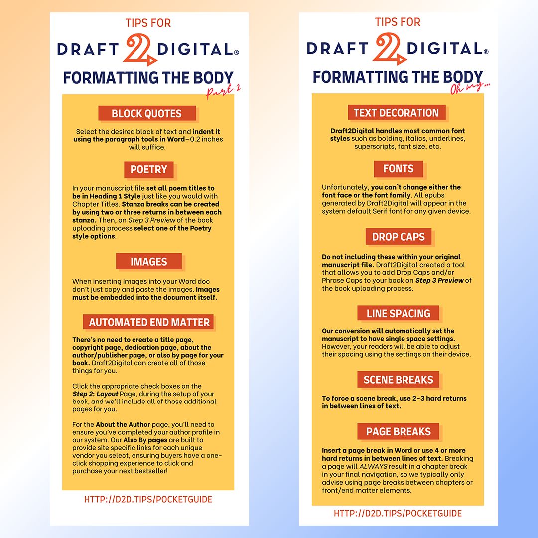 Are you using D2D to format your manuscript? Our support team has crafted an updated Pocket Guide to Book Layout with Draft2Digital to help you through the learning curve! Check out the full guide on our blog at d2d.tips/pocketguide #selfpublishing #amwriting #ebooks