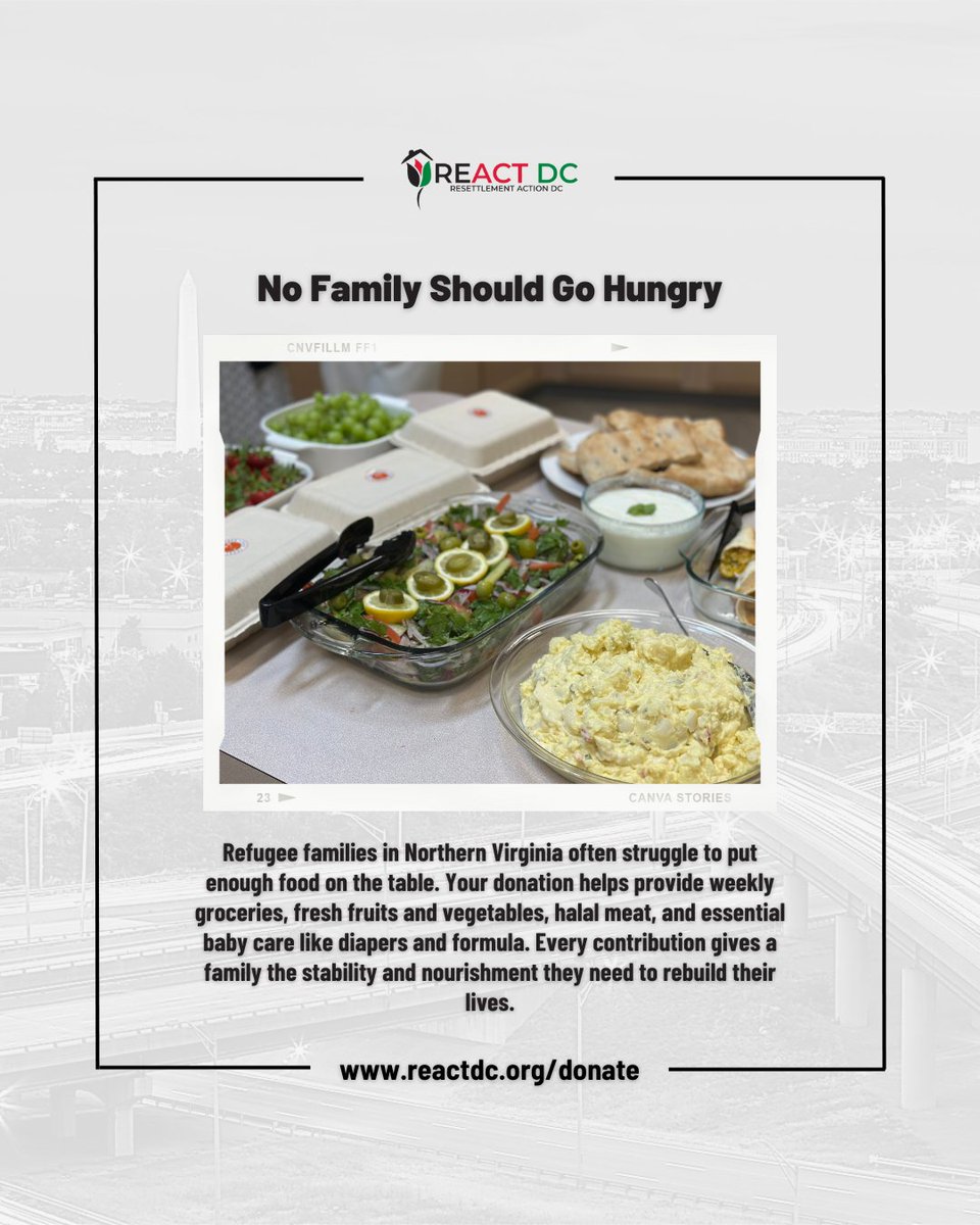 reactdcorg's tweet image. 🥫 Refugee families in Northern VA face food insecurity. A family of 4 needs $230–$300/week for groceries, $75–$107 for baby care, $70–$110 for halal meat. Your donation provides meals &amp;amp; essentials. 💛 Donate: reactdc.org/donate #FightHunger #REACTDC