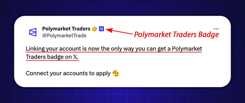 Crypto_Pranjal's tweet photo. I just linked my X account on @Polymarket.

If you want to get the Polymarket Traders badge on X, linking your account is the only way for now.

You can do it directly from your profile page. 

🔗 https://t.co/LIijYsBipV

Once linked, your application for the badge is automatically submitted and reviewed on a rolling basis.

Who gets it? Those who post quality content about Polymarket and help spread awareness. They also consider factors like your trading volume and profit.