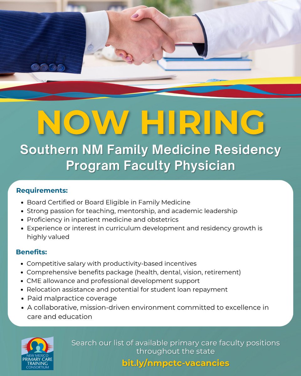 📣 NOW HIRING: Southern NM FMRP, located in Las Cruces, NM, is seeking #familymedicine physicians to join its core faculty.

🔗 Visit bit.ly/nmpctc-vacanci… for more details.

#NMJobs #NowHiring #PrimaryCare #MedEd #AcademicMedicine #Faculty #Mentorship #AAFP #ACGME