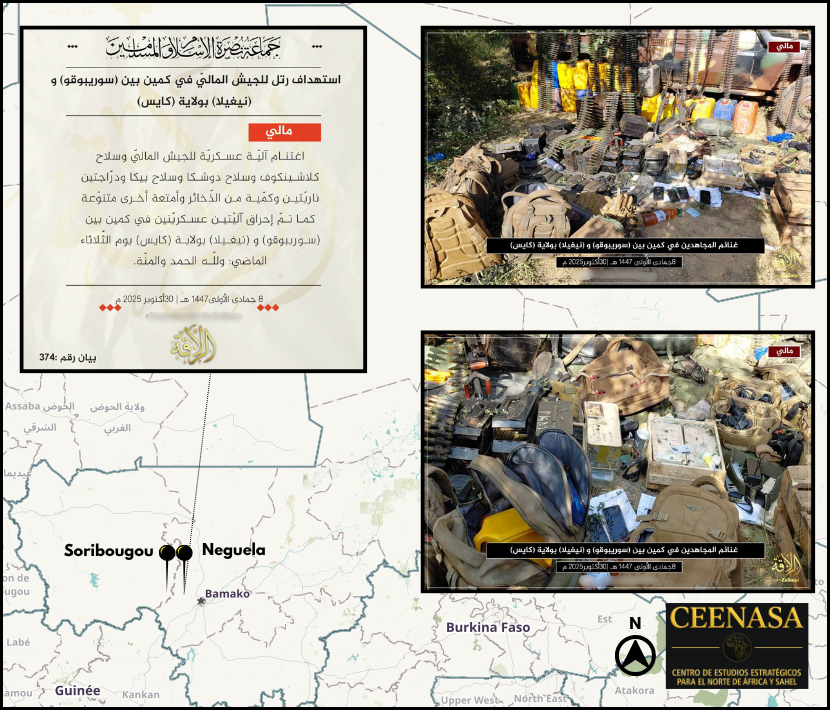CEENASA396971's tweet photo. #MALI 🇲🇱 

On Oct 30, the #JNIM claimed to have destroyed two #FAMa vehicles during the ambush of oct 28, between #Soribougou and #Neguela, in #Kayes province

were seized : 

- 1 FAMa vehicle
- 1 AR
- 1 HMG
- 2 Motos

and more https://t.co/xbrQGVEk2A