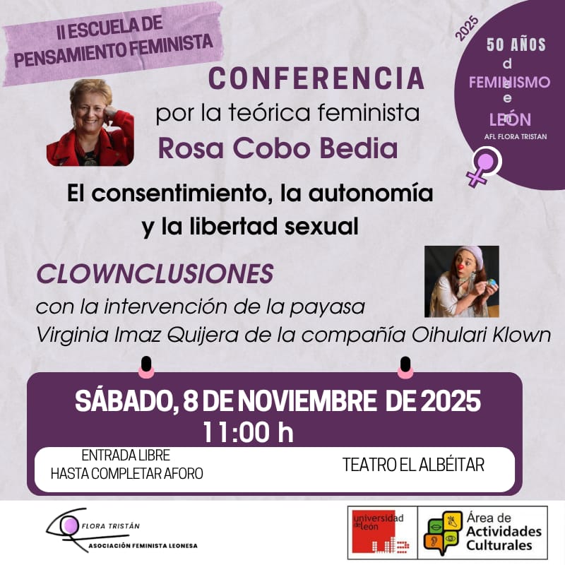 El sábado, día 8, en León, hablaremos de consentimiento sexual, pero también Virginia Imaz hará humor porque sin humor la vida se queda en nada.