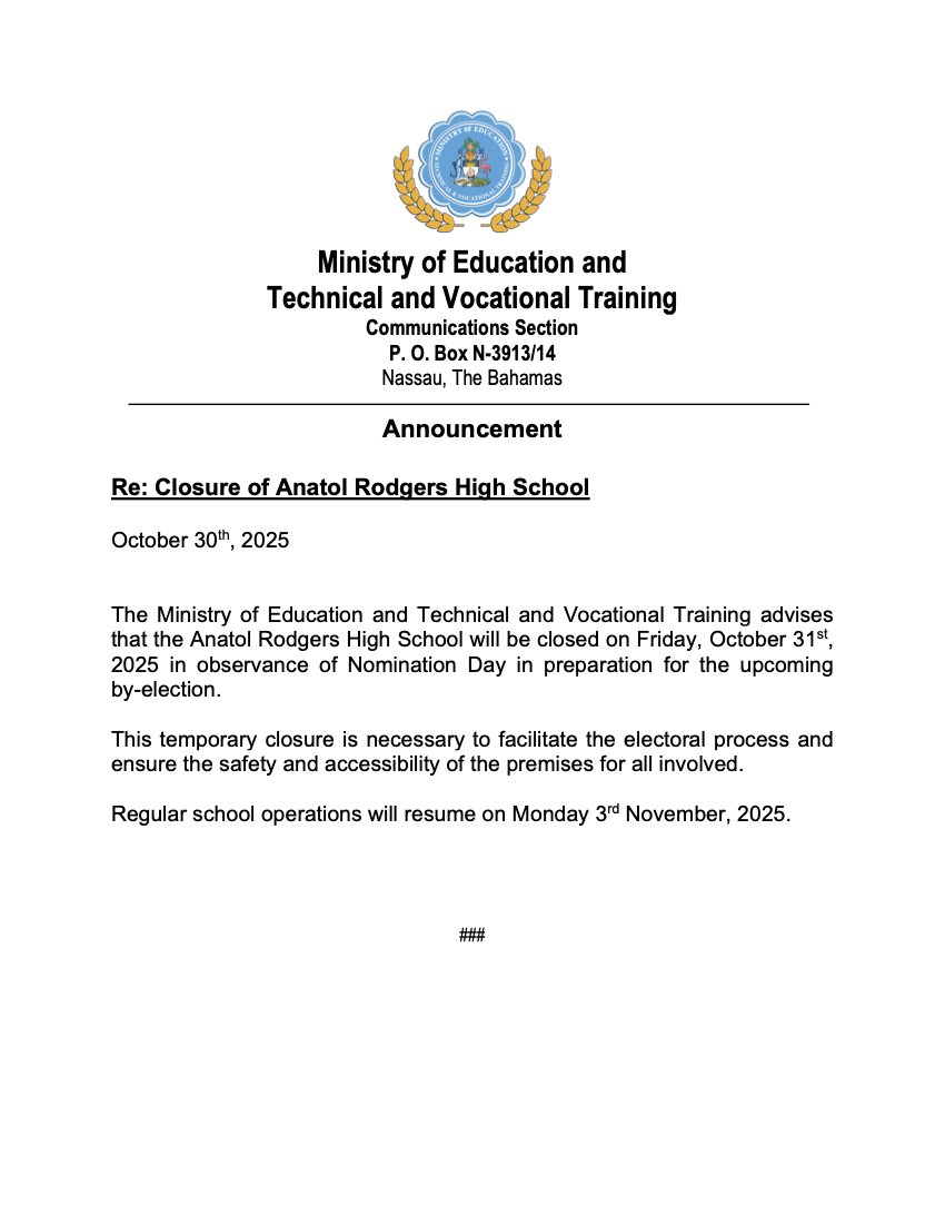 Announcement_Closure of Anatol Rodgers High School