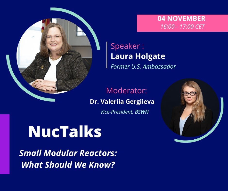 🌍 Join our next #NucTalks!
🎙 Amb. <a href="/LauraSHHolgate/">Laura Holgate🌻</a>  – Former U.S. Ambassador
🗓 4 Nov | 🕓 16:00–17:00 CET
Topic: Small Modular Reactors: What Should We Know?

Hosted by the Black Sea Women in Nuclear Network (BSWN)

🔗 Register: us06web.zoom.us/meeting/regist…

#SMR #NuclearEnergy